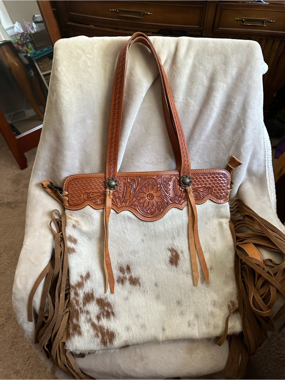 American Darling Tan Leather & White Hair-On Hide Fringe Tote